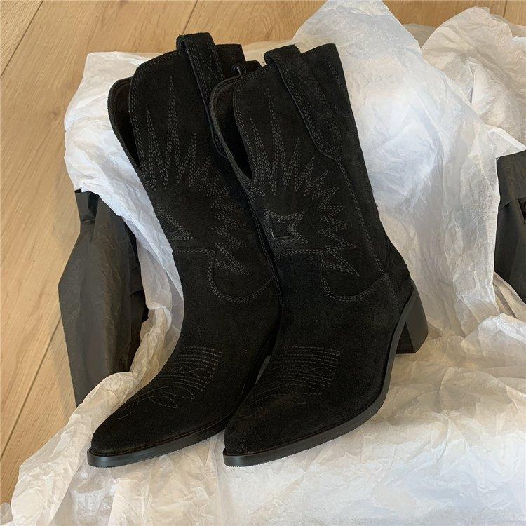 Women's Western Cowboy Boots with Thick Soles 复古刺绣骑