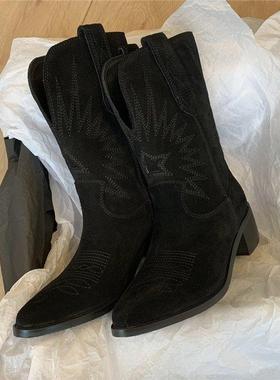 Women's Western Cowboy Boots with Thick Soles 复古刺绣骑