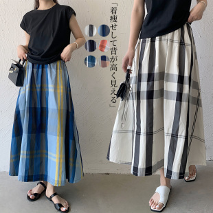 亚马逊2022秋季日韩乐天新款宽松显瘦弹力松紧千鸟格半身裙大摆裙