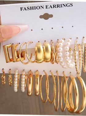 earrings women 金属耳圈复古耳饰赫本风耳环套装6件套earring