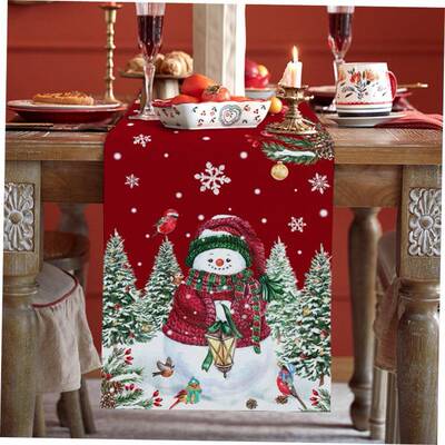 Christmas Decoration Snowman Robin Berry Linen Table Runner