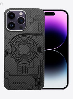 Pinkson适用15细纹600D苹果14Pro手机壳电路图14ProMax凯夫拉芳纶Magsafe保护套13新款散热男磁吸防摔碳纤维