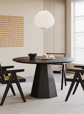 黑色实木圆餐桌侘寂风极简白蜡木圆形餐桌现代家用餐厅餐桌椅组合