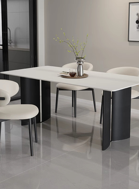 德利丰纯白岩板餐桌意式轻奢家用小户型餐厅桌子长方形餐桌椅组合