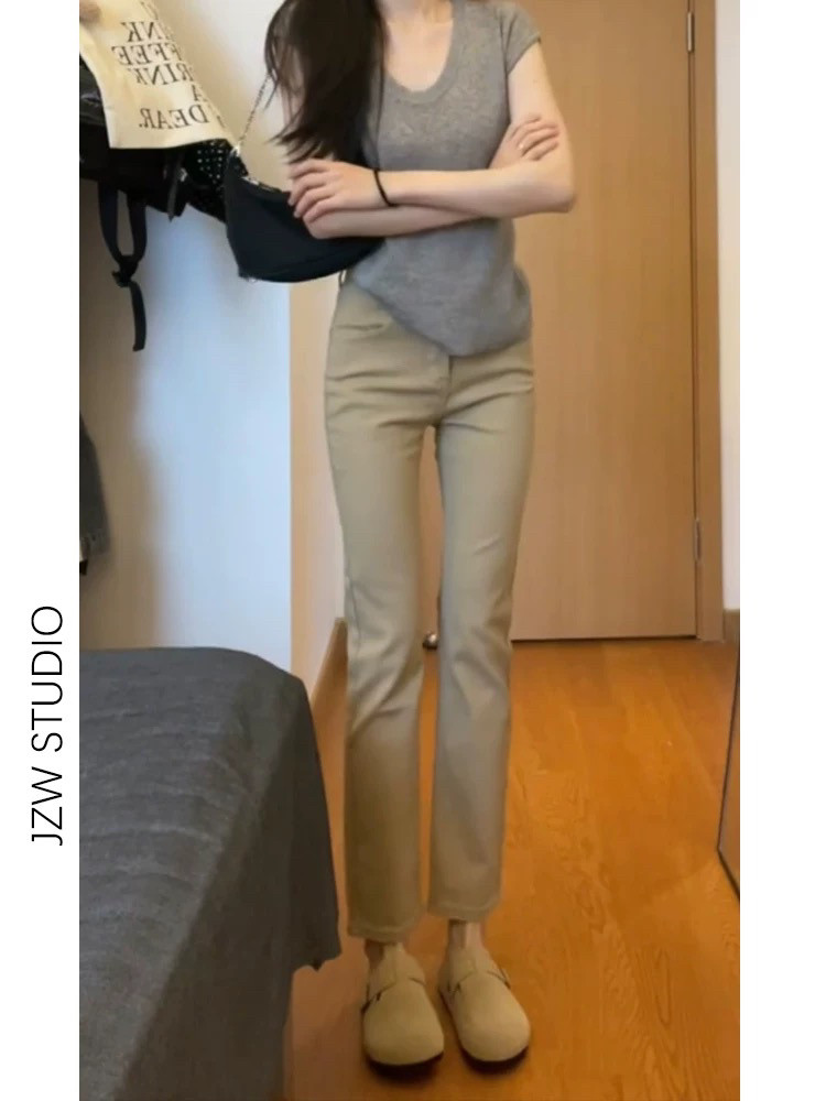 九分窄版直筒牛仔裤女加绒高腰修身显瘦弹力卡其色小个子烟管裤子