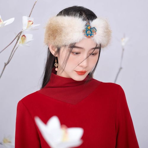 关山飞雪冬季汉服头饰古风新款汉服发饰保暖毛绒绣花国风配饰抹额