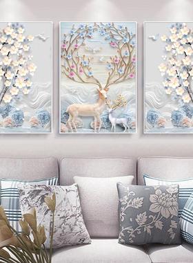 发财麋鹿十字绣2025新款线绣三联画客厅大幅简约现代欧式刺绣满绣