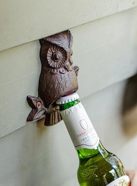 掬涵铁艺啤酒开 瓶器猫头鹰铸铁摆件酒吧饭店墙壁庭院户外墙面装