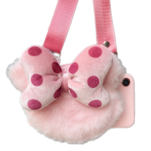 可以背的苹果11/13手机壳女可爱零钱包适用iPhone12pro毛绒绒苹果XS MAX背带斜挎零钱包XR波点蝴蝶结8plus/7p