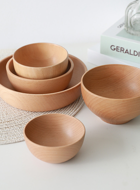 榉木木碗日式实木沙拉碗家用无漆餐具韩国泡菜碗木头碗儿童木碗