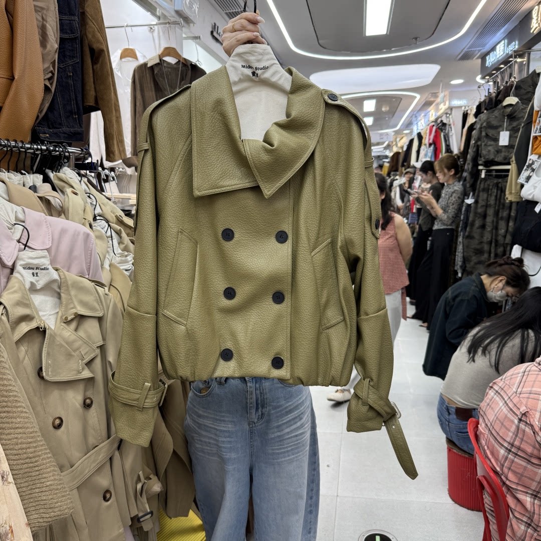 韩版双排扣立领皮衣夹克外套女