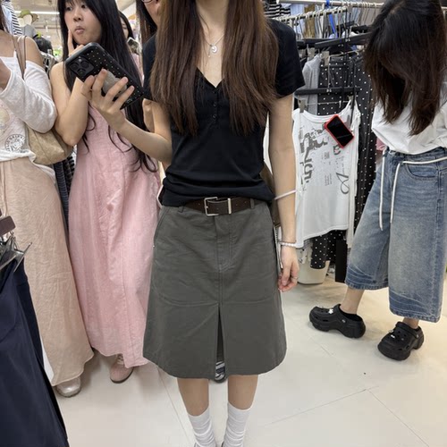 韩版简约V领T恤A字开叉显瘦半裙