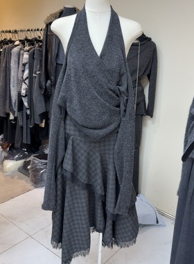 十三行现货2025秋冬挂脖V领交叉针织套头毛衣半身裙K68483W112