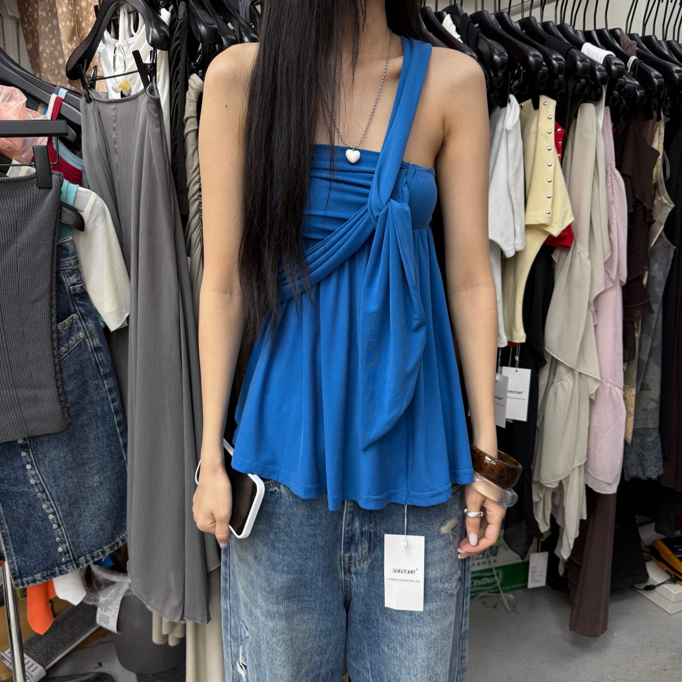 十三行拿货2026春新款韩版辣妹抽褶抹胸不规则单肩上衣k26151w112