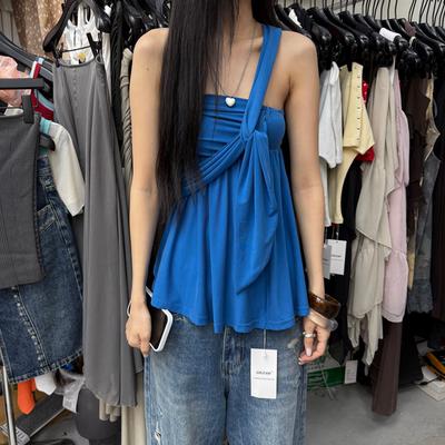 韩版辣妹抽褶抹胸不规则单肩上衣