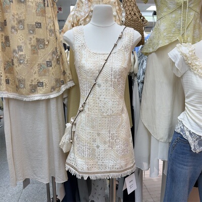 韩版时尚圆领流苏拼接无袖连衣裙