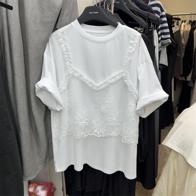 洋气蕾丝拼接假两件宽松T恤女