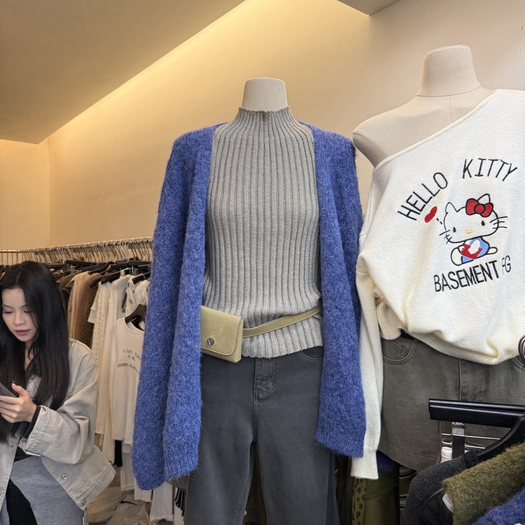 韩版复古慵懒风宽松纯色针织开衫