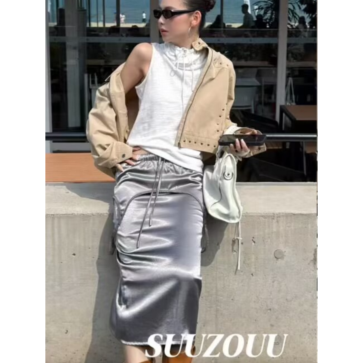韩版时尚松紧腰抽绳撞色半身裙