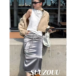 韩版时尚松紧腰抽绳撞色半身裙