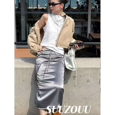 韩版时尚松紧腰抽绳撞色半身裙