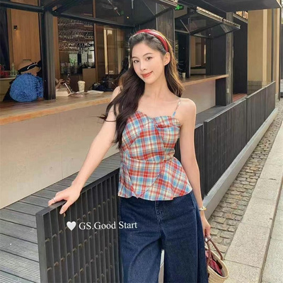 小众复古格子显瘦吊带背心上衣