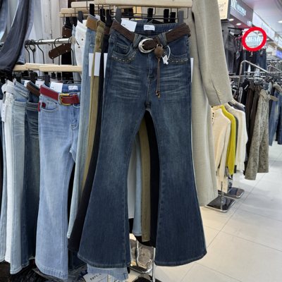 韩版复古加绒显瘦牛仔微喇裤