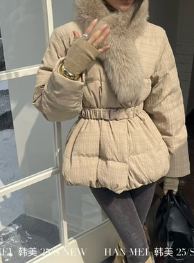 韩美现货2025冬季新款韩版V领毛领收腰修身短款羽绒服k00623w820