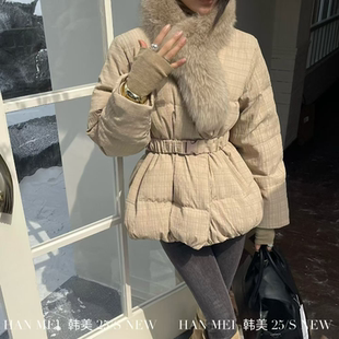 韩美现货2025冬季新款韩版V领毛领收腰修身短款羽绒服k00623w820