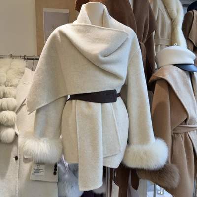 韩版时尚收腰围巾领羊毛大衣外套