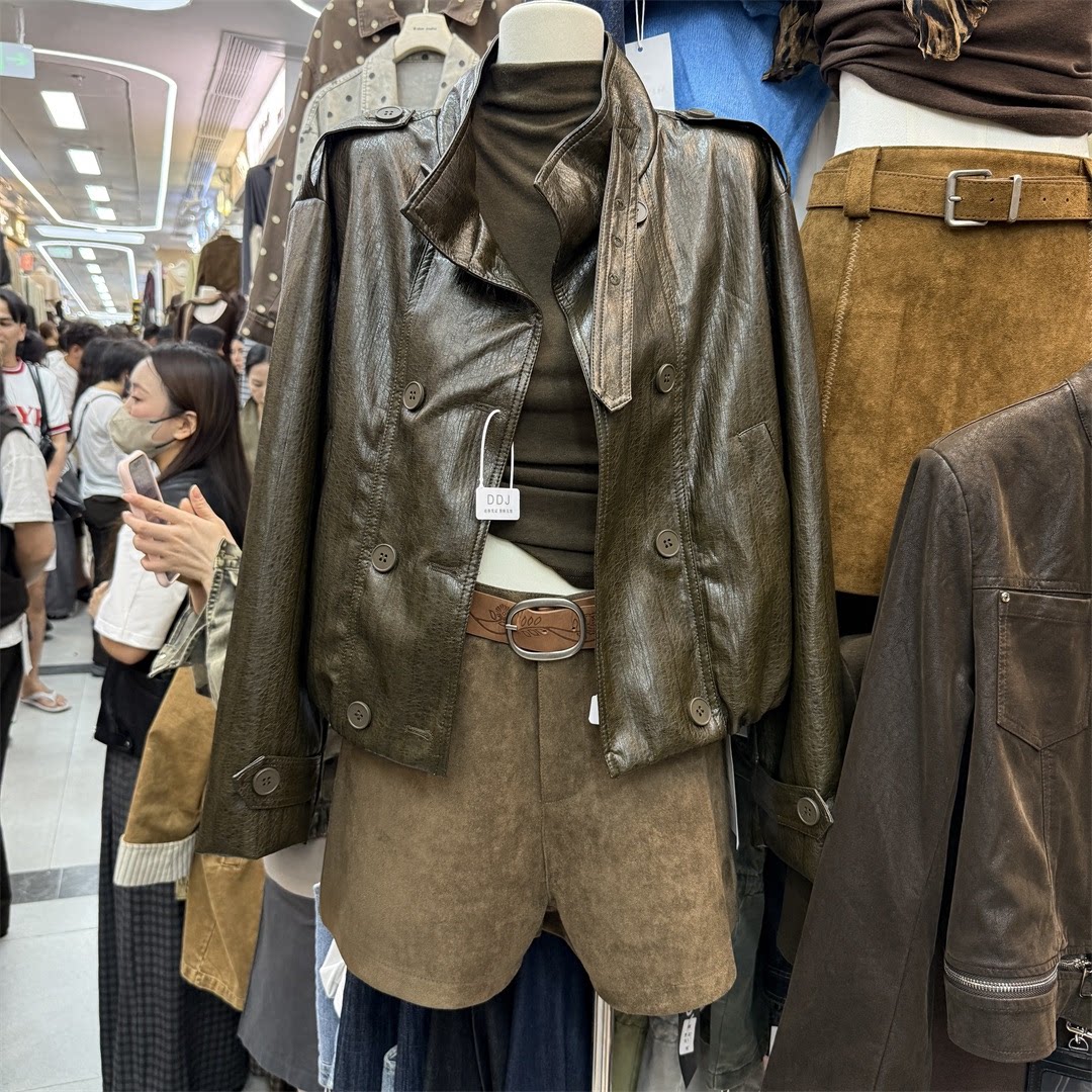韩版复古宽松PU皮夹克短款外套