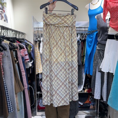 时尚设计感高腰拼色菱格半身裙