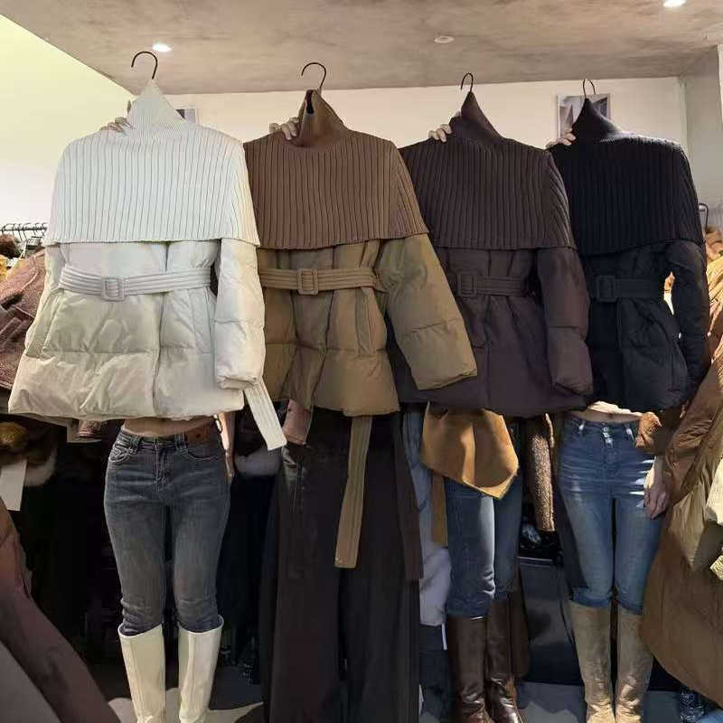 韩版时尚羊毛披肩系带羽绒服外套