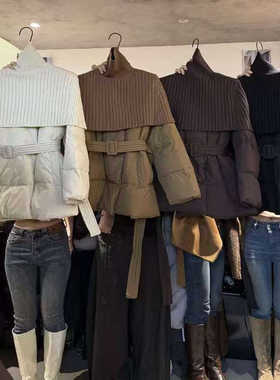 韩秀现货2025冬季新款韩版时尚羊毛披肩系带羽绒服外套K68618W620