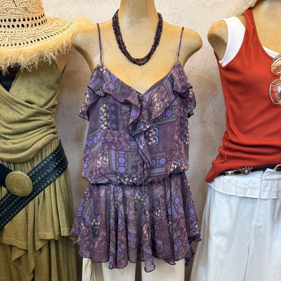 韩版复古印花V领荷叶边吊带上衣