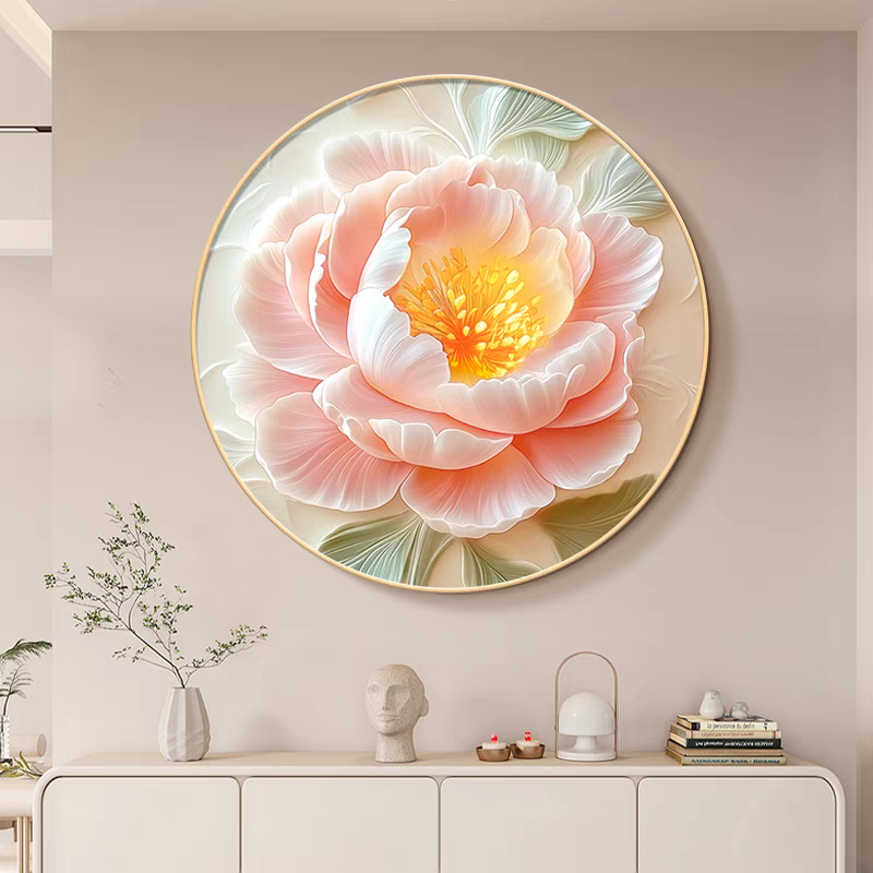 奶油风客厅入户玄关装饰画牡丹花圆形挂画花开富贵卧室床头墙壁画图片