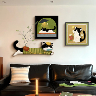 多巴胺客厅装饰画中古风猫咪沙发背景墙挂画创意餐厅儿童房间壁画