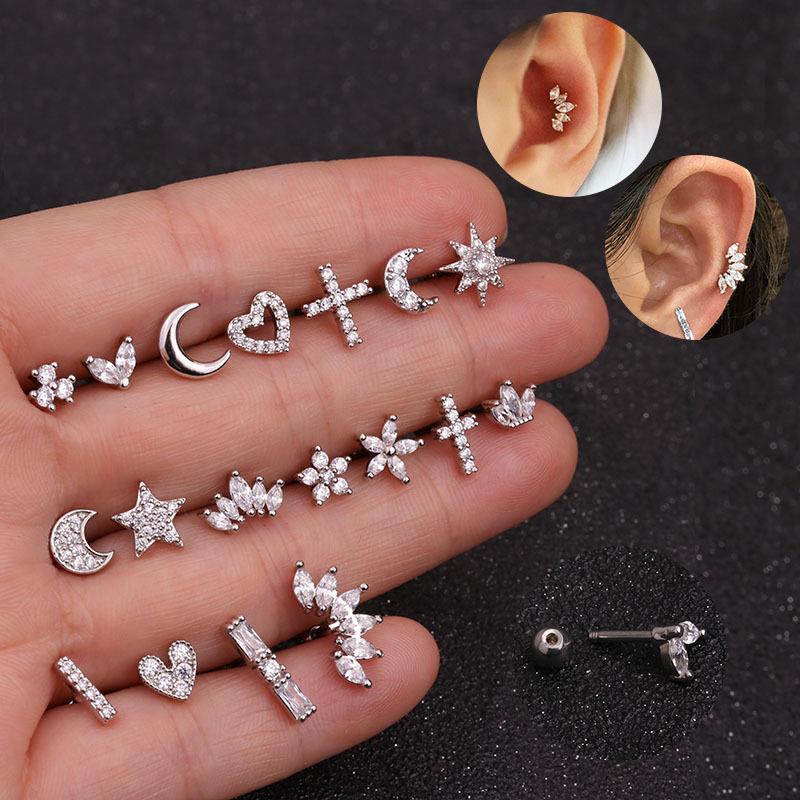 Labret Piercing Ear Ring Steel Stud Crystal Gem Flat Back