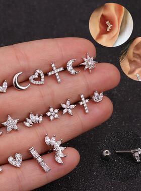 Labret Piercing Ear Ring Steel Stud Crystal Gem Flat Back