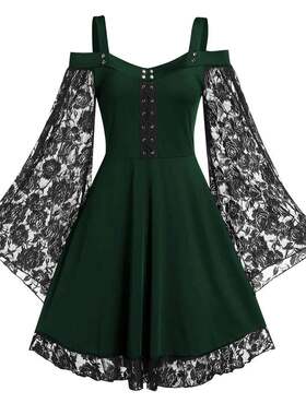 One shoulder lace patchwork dress 一字肩喇叭袖蕾丝拼接连衣裙