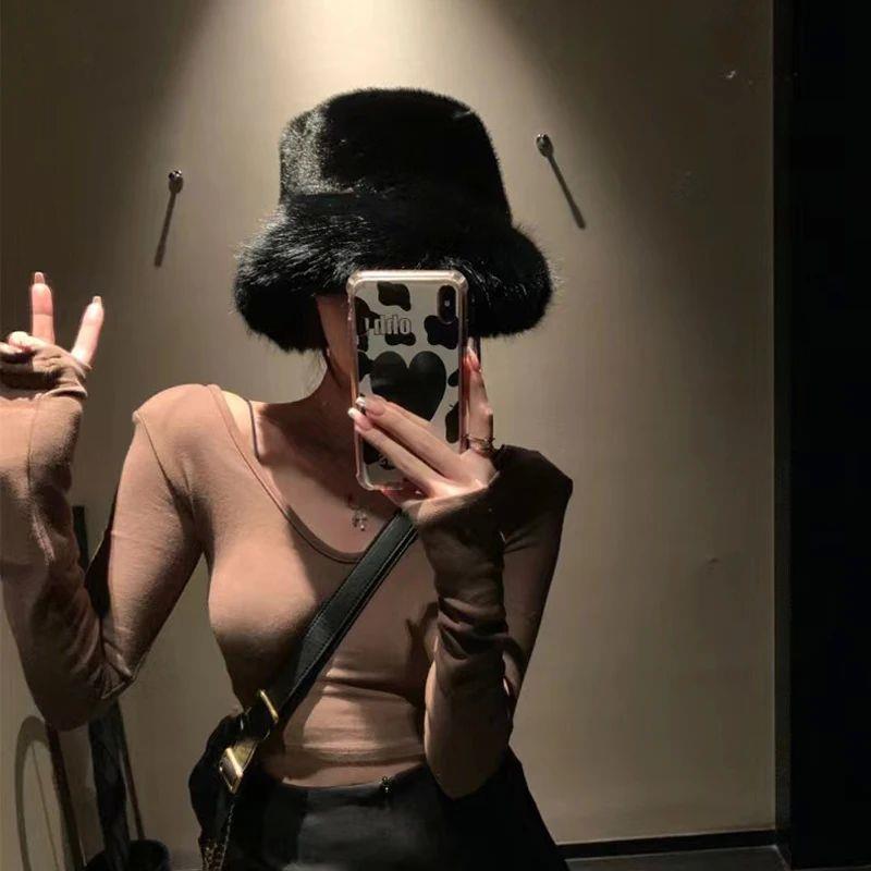 y2k Fluffy Faux Fur Bucket Hat Women Rabbit Fur Warm Thick