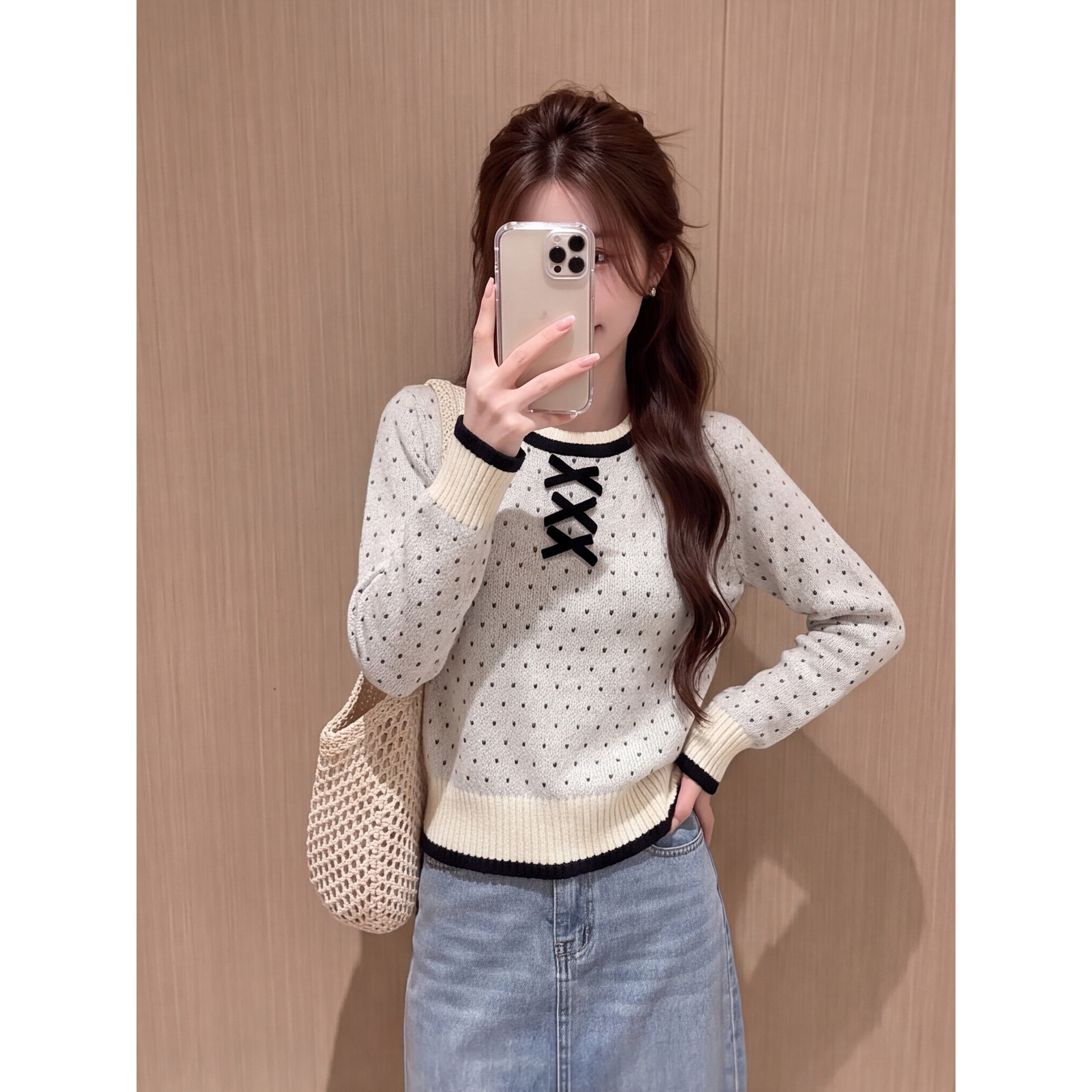 圆领波点蝴蝶结毛衣女秋装长袖套头甜美日系慵懒风设计感百搭上衣