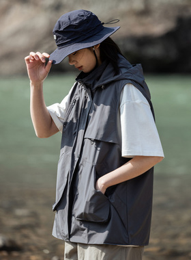 Mountain valley23SS户外山系机能工装连帽马甲 露营钓鱼马夹男女