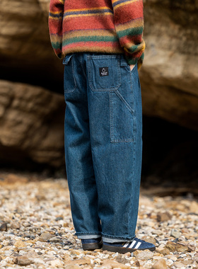 Mountain valley日系复古深蓝色水洗松紧腰宽松直筒牛仔裤男女款