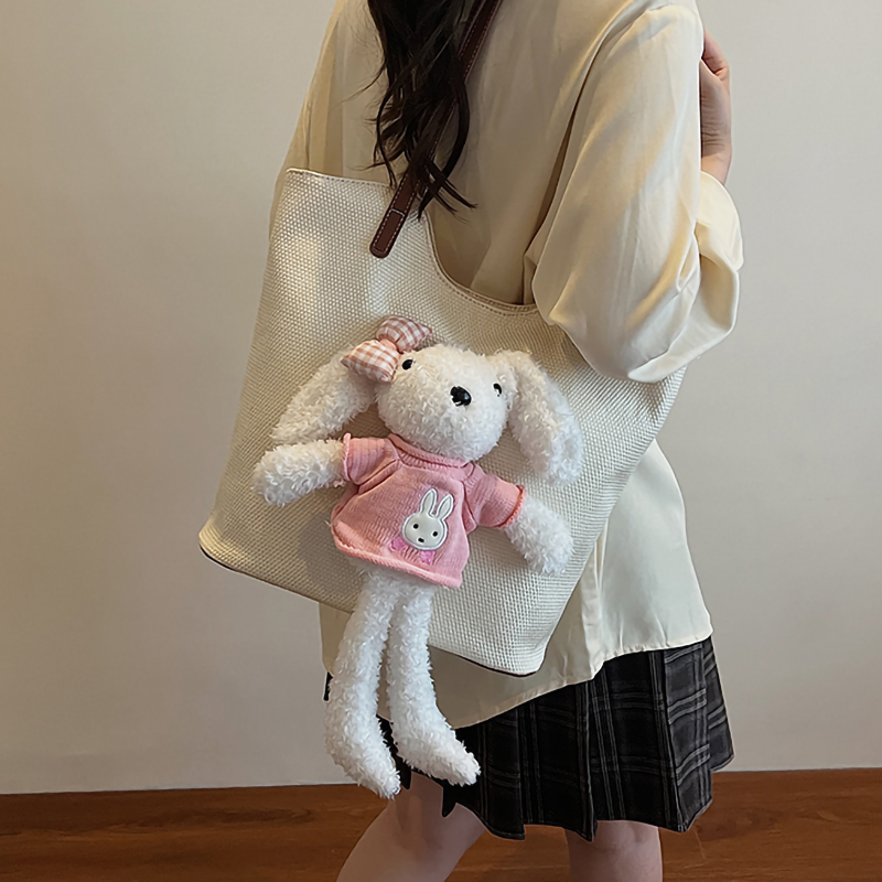 可爱公仔帆布包女2025新款大容量通勤百搭单肩包大学生上课托特包