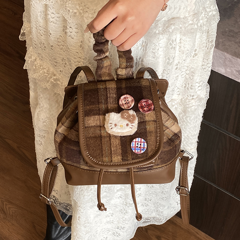 可爱Hellokitty双肩包女2025新款秋冬毛呢格子迷你小书包休闲背包