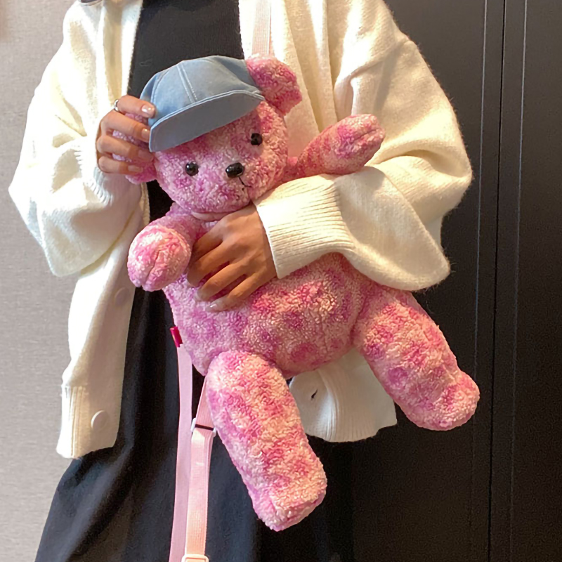 可爱粉色豹纹毛绒小熊双肩包女2025新款冬季超火卡通公仔玩偶背包