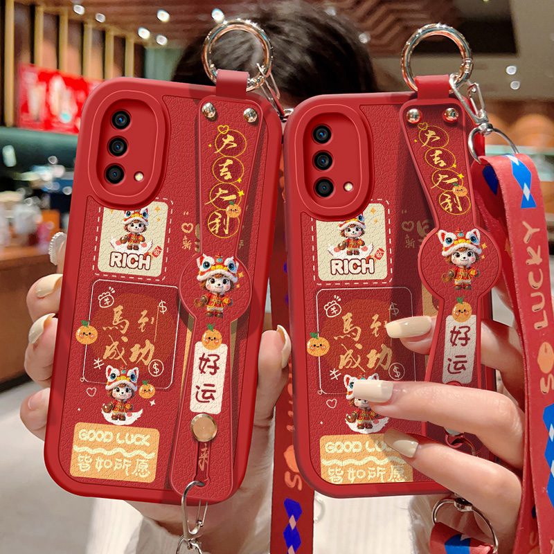 适用oppok9手机壳防摔K9Pro马到成功OPPO卡通保护套K9S斜挎挂绳k9x腕带小羊皮K7软胶全包边K7x新年款红色外壳