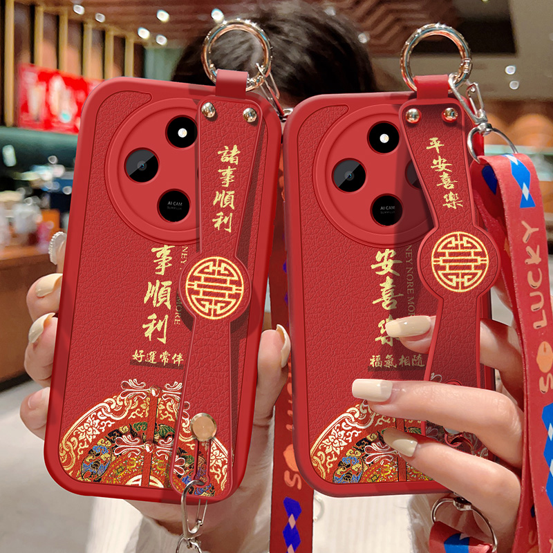 适用于小米红米14R 5G手机壳防摔Redmi 14R 5G硅胶软边可斜挎腕带镜头全包保护套女中国风背带挂绳红色新年款