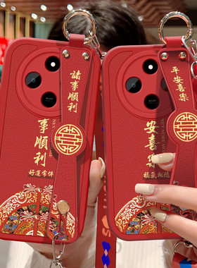 适用于小米红米14R 5G手机壳防摔Redmi 14R 5G硅胶软边可斜挎腕带镜头全包保护套女中国风背带挂绳红色新年款